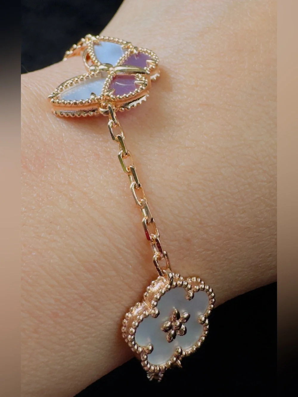 Gold Tone Mother-of-Pearl Butterfly & Flower Bracelet